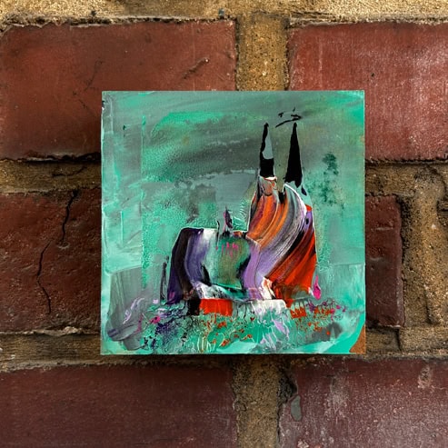 „Mini Kölner Dom Abstrakt“<br>Acryl auf MDF Block<br>10 x 10 cm<br>mit Aufhängung<br>handsigniert und mit Echtheitszertifikat
