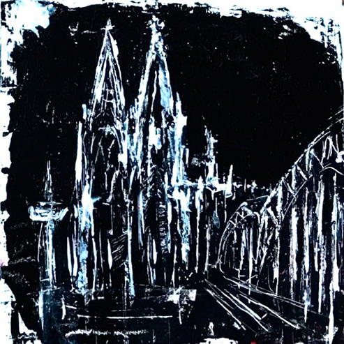 „Mini Kölner Dom Abstrakt“<br>Acryl auf MDF Block<br>10 x 10 cm<br>mit Aufhängung<br>handsigniert und mit Echtheitszertifikat