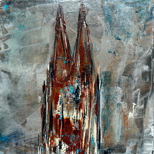 „Mini Kölner Dom Abstrakt“<br>Acryl auf MDF Block<br>10 x 10 cm<br>mit Aufhängung<br>handsigniert und mit Echtheitszertifikat
