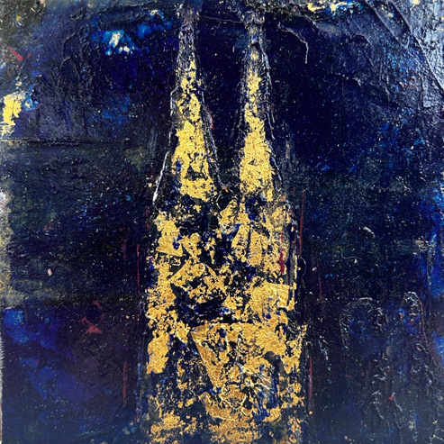 „Mini Kölner Dom Abstrakt“<br>Acryl auf MDF Block<br>10 x 10 cm<br>mit Aufhängung<br>handsigniert und mit Echtheitszertifikat