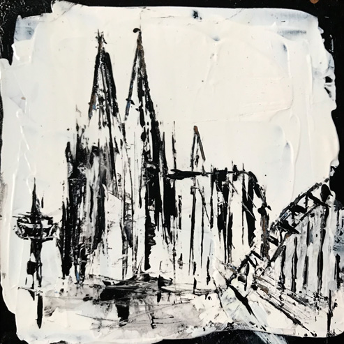 „Mini Kölner Dom Abstrakt“<br>Acryl auf MDF Block<br>10 x 10 cm<br>mit Aufhängung<br>handsigniert und mit Echtheitszertifikat