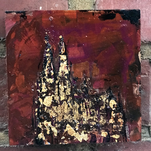 „Mini Kölner Dom Abstrakt“<br>Acryl auf MDF Block<br>10 x 10 cm<br>mit Aufhängung<br>handsigniert und mit Echtheitszertifikat