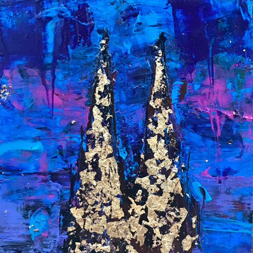 „Mini Kölner Dom Abstrakt“<br>Acryl auf MDF Block<br>10 x 10 cm<br>mit Aufhängung<br>handsigniert und mit Echtheitszertifikat