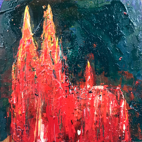 „Mini Kölner Dom Abstrakt“<br>Acryl auf MDF Block<br>10 x 10 cm<br>mit Aufhängung<br>handsigniert und mit Echtheitszertifikat