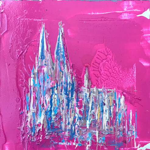 „Mini Kölner Dom Abstrakt“<br>Acryl auf MDF Block<br>10 x 10 cm<br>mit Aufhängung<br>handsigniert und mit Echtheitszertifikat