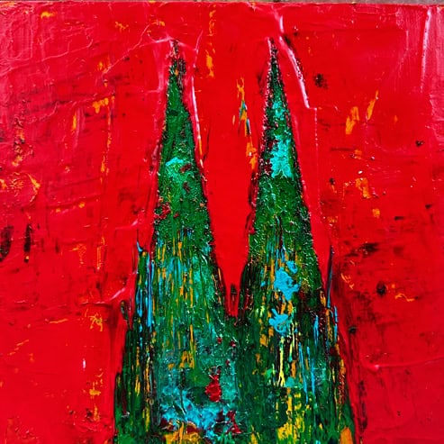 „Mini Kölner Dom Abstrakt“<br>Acryl auf MDF Block<br>10 x 10 cm<br>mit Aufhängung<br>handsigniert und mit Echtheitszertifikat