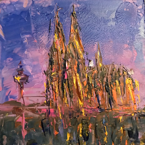 „Mini Kölner Dom Abstrakt“<br>Acryl auf MDF Block<br>10 x 10 cm<br>mit Aufhängung<br>handsigniert und mit Echtheitszertifikat