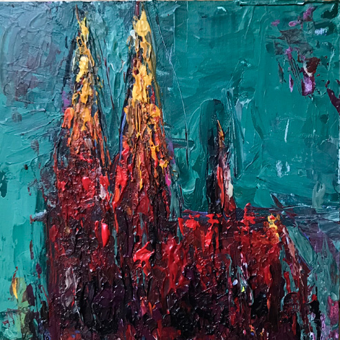 „Mini Kölner Dom Abstrakt“<br>Acryl auf MDF Block<br>10 x 10 cm<br>mit Aufhängung<br>handsigniert und mit Echtheitszertifikat
