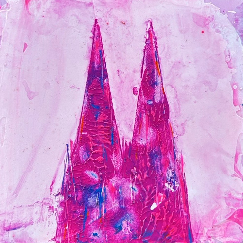 „Mini Kölner Dom Abstrakt“<br>Acryl auf MDF Block<br>10 x 10 cm<br>mit Aufhängung<br>handsigniert und mit Echtheitszertifikat