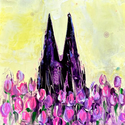 „Mini Kölner Dom Abstrakt“<br>Acryl auf MDF Block<br>10 x 10 cm<br>mit Aufhängung<br>handsigniert und mit Echtheitszertifikat