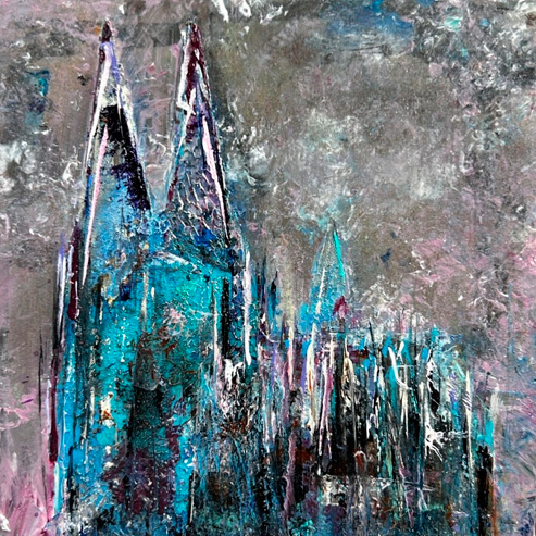 „Mini Kölner Dom Abstrakt“<br>Acryl auf MDF Block<br>10 x 10 cm<br>mit Aufhängung<br>handsigniert und mit Echtheitszertifikat
