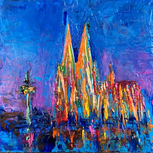 „Mini Kölner Dom Abstrakt“<br>Acryl auf MDF Block<br>10 x 10 cm<br>mit Aufhängung<br>handsigniert und mit Echtheitszertifikat
