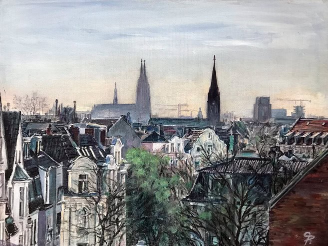 Über den Dächern von Köln<br>met Aussich op d'r Dom<br>40 x 30 cm<br>Auftragsarbeit