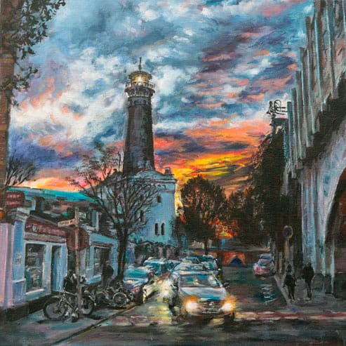 Abendstimung Heliosturm Ehrenfeld<br><br>Acryl auf Leinwand<br>40 x 40 cm<br>Jahr 2021