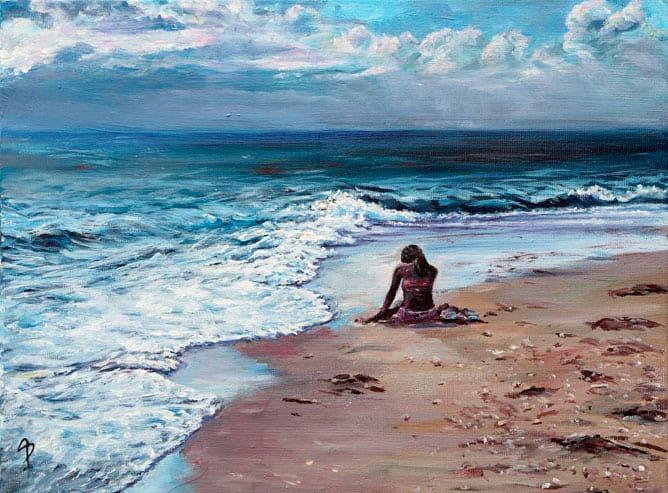 Mädchen am Strand<br><br>Acryl auf Leinwand<br>30 x 40 cm<br>Jahr 2021