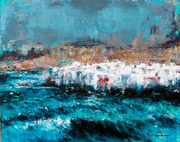 Meltemi - Wind formt die Insel<br><br>Acryl auf Leinwand<br>0, 80 x 1,00 m<br>Jahr 2021<br>Gemeinschaftswerk